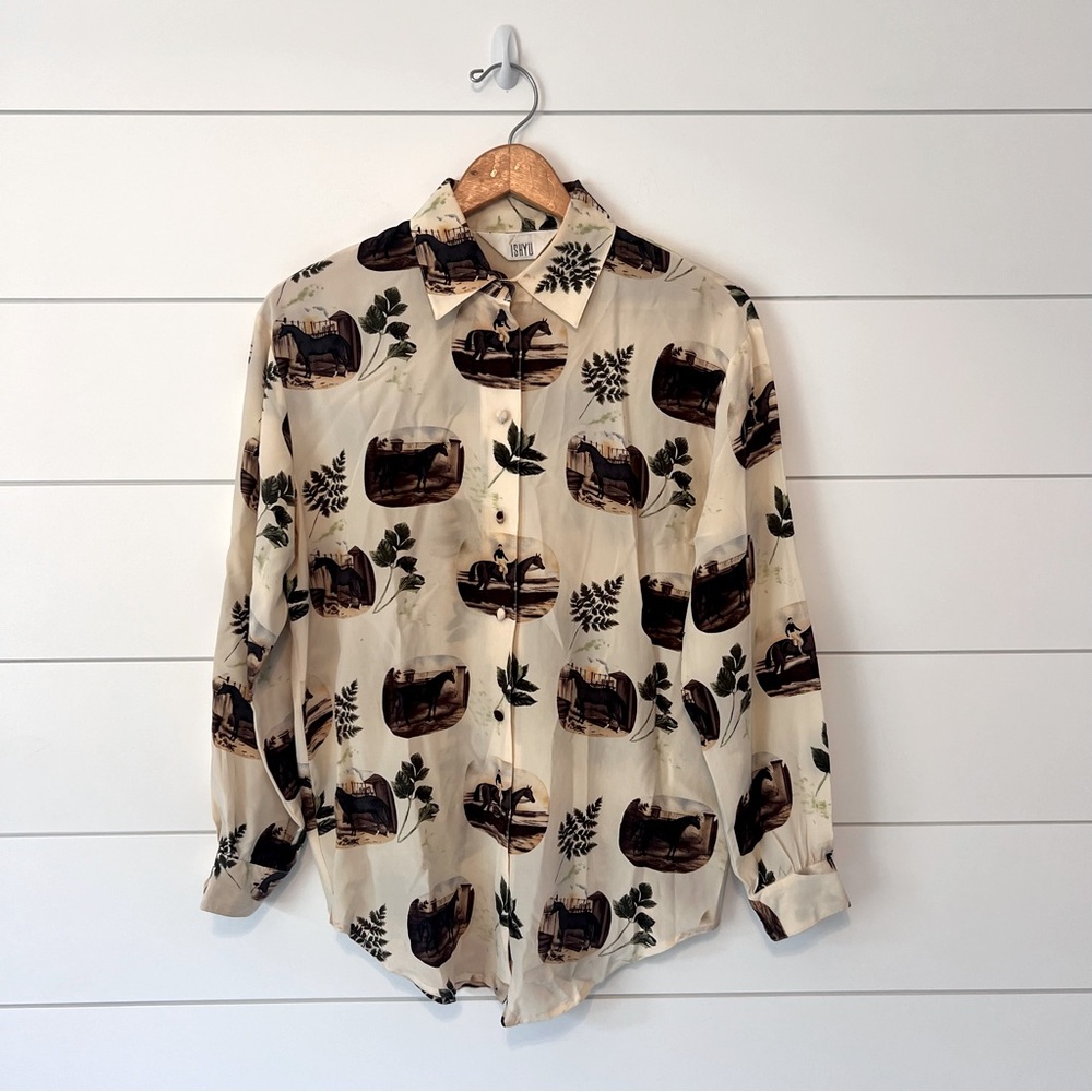 Ishyu Vintage Silk Equestrian Horse Patterned Blouse